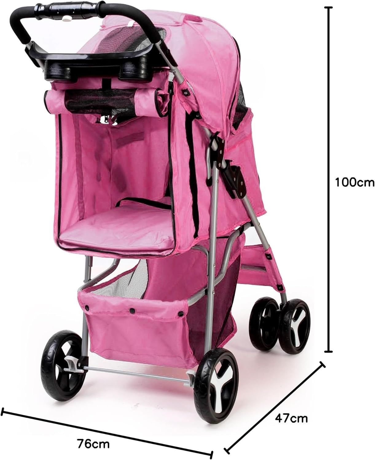 Foldable Pet Stroller with Rain Cover β Compact Buggy for Small & Medium Dogs & Cats with Cup Holder & Storage Basket (Pink)