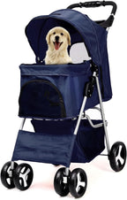 Foldable Pet Stroller with Rain Cover – Compact Buggy for Small & Medium Dogs & Cats with Cup Holder & Storage Basket (Navy)