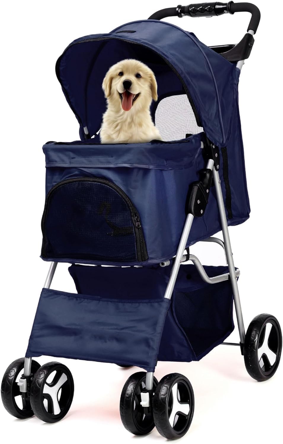 Foldable Pet Stroller with Rain Cover – Compact Buggy for Small & Medium Dogs & Cats with Cup Holder & Storage Basket (Navy)