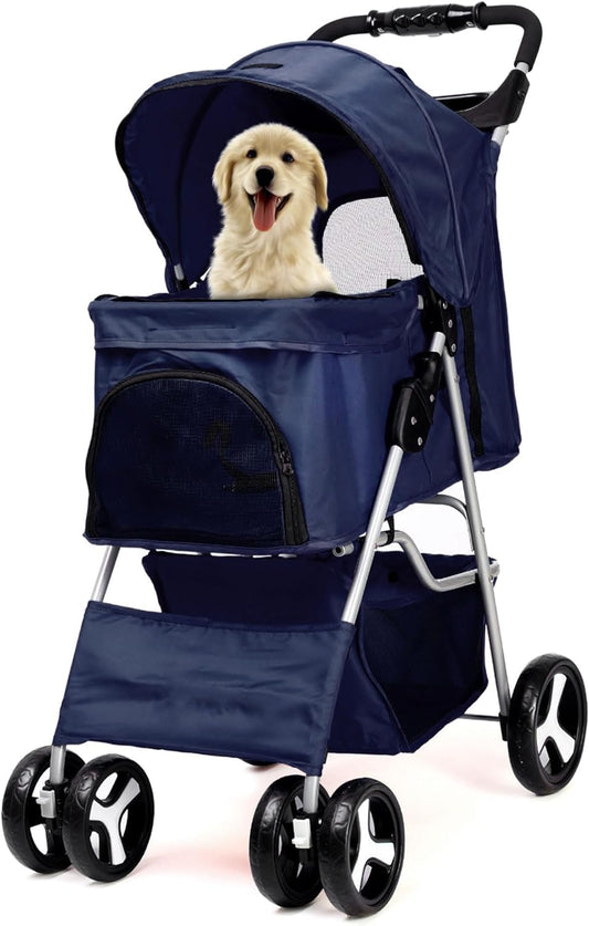 Foldable Pet Stroller with Rain Cover – Compact Buggy for Small & Medium Dogs & Cats with Cup Holder & Storage Basket (Navy)