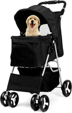 Foldable Pet Stroller with Rain Cover – Compact Buggy for Small & Medium Dogs & Cats with Cup Holder & Storage Basket (Black)