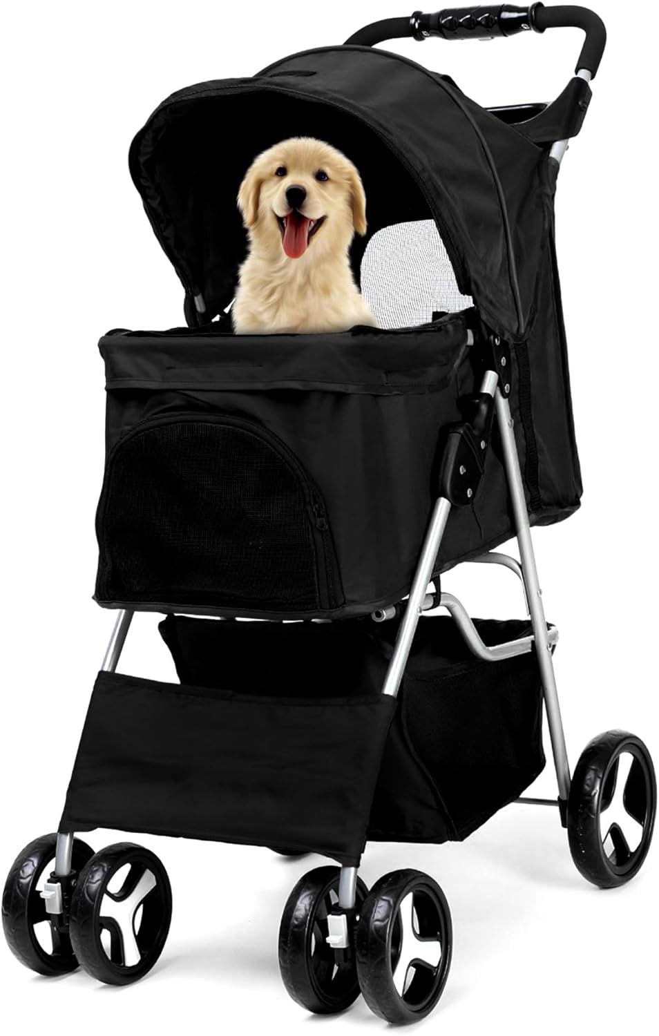 Foldable Pet Stroller with Rain Cover – Compact Buggy for Small & Medium Dogs & Cats with Cup Holder & Storage Basket (Black)