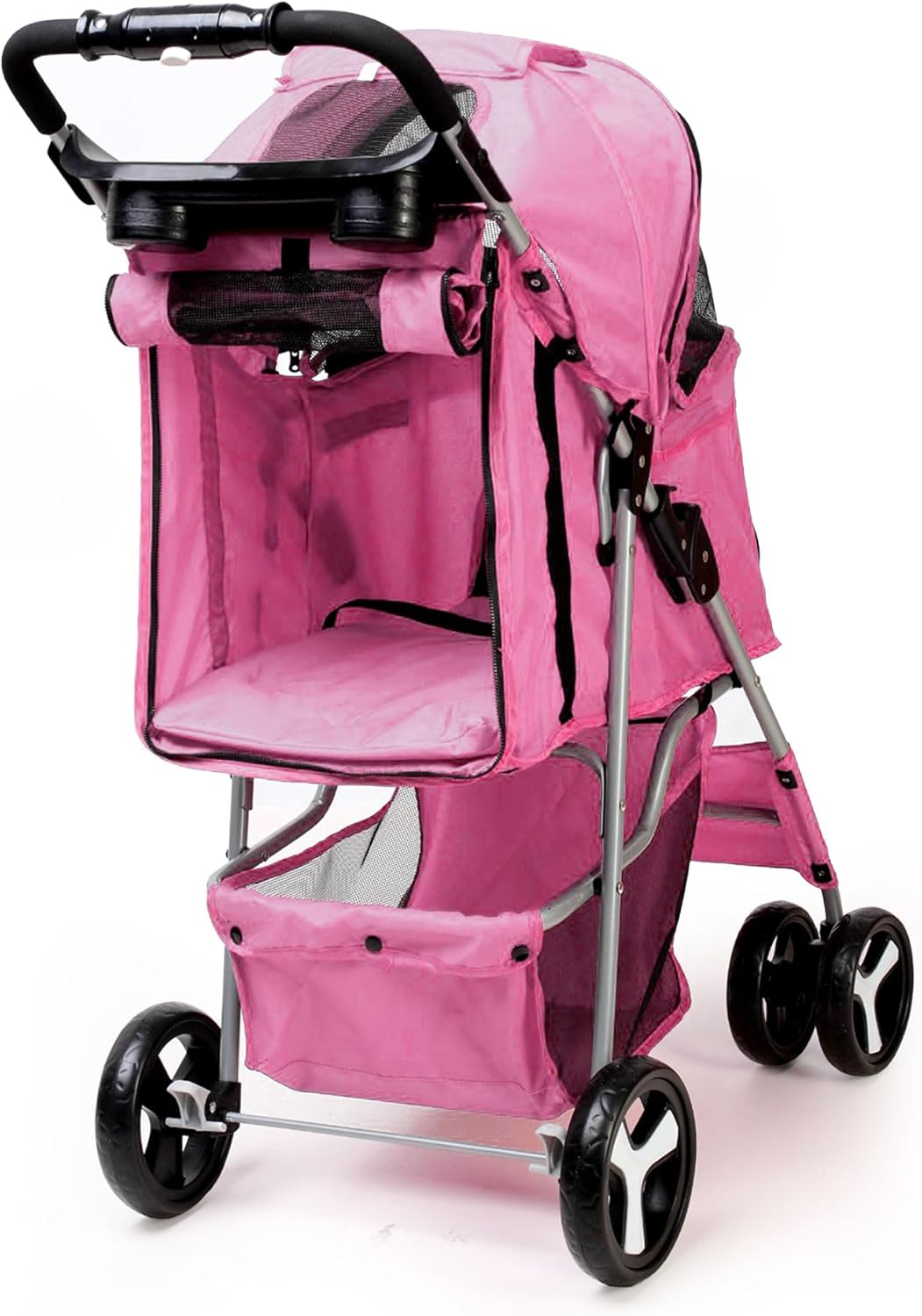 Foldable Pet Stroller with Rain Cover – Compact Buggy for Small & Medium Dogs & Cats with Cup Holder & Storage Basket (Pink)