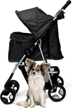 Foldable Pet Stroller with Rain Cover – Compact Buggy for Small & Medium Dogs & Cats with Cup Holder & Storage Basket (Black)
