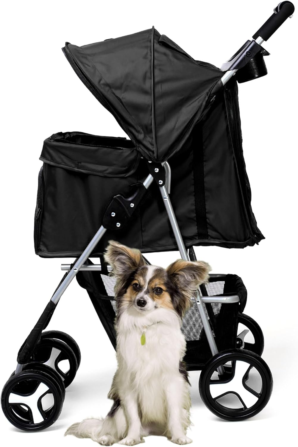 Foldable Pet Stroller with Rain Cover – Compact Buggy for Small & Medium Dogs & Cats with Cup Holder & Storage Basket (Black)