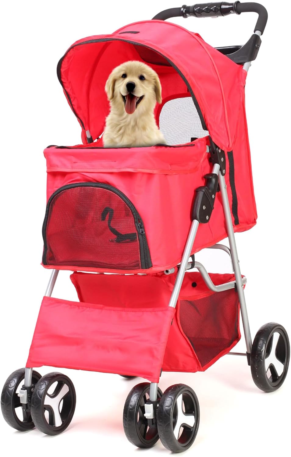 Red Pet Travel Stroller – Foldable Lightweight Buggy with Rain Cover, Cup Holder & Storage Basket for Small & Medium Pets