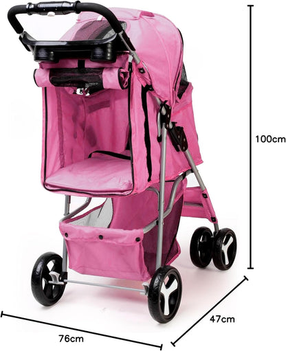 Foldable Pet Stroller with Rain Cover – Compact Buggy for Small & Medium Dogs & Cats with Cup Holder & Storage Basket (Pink)