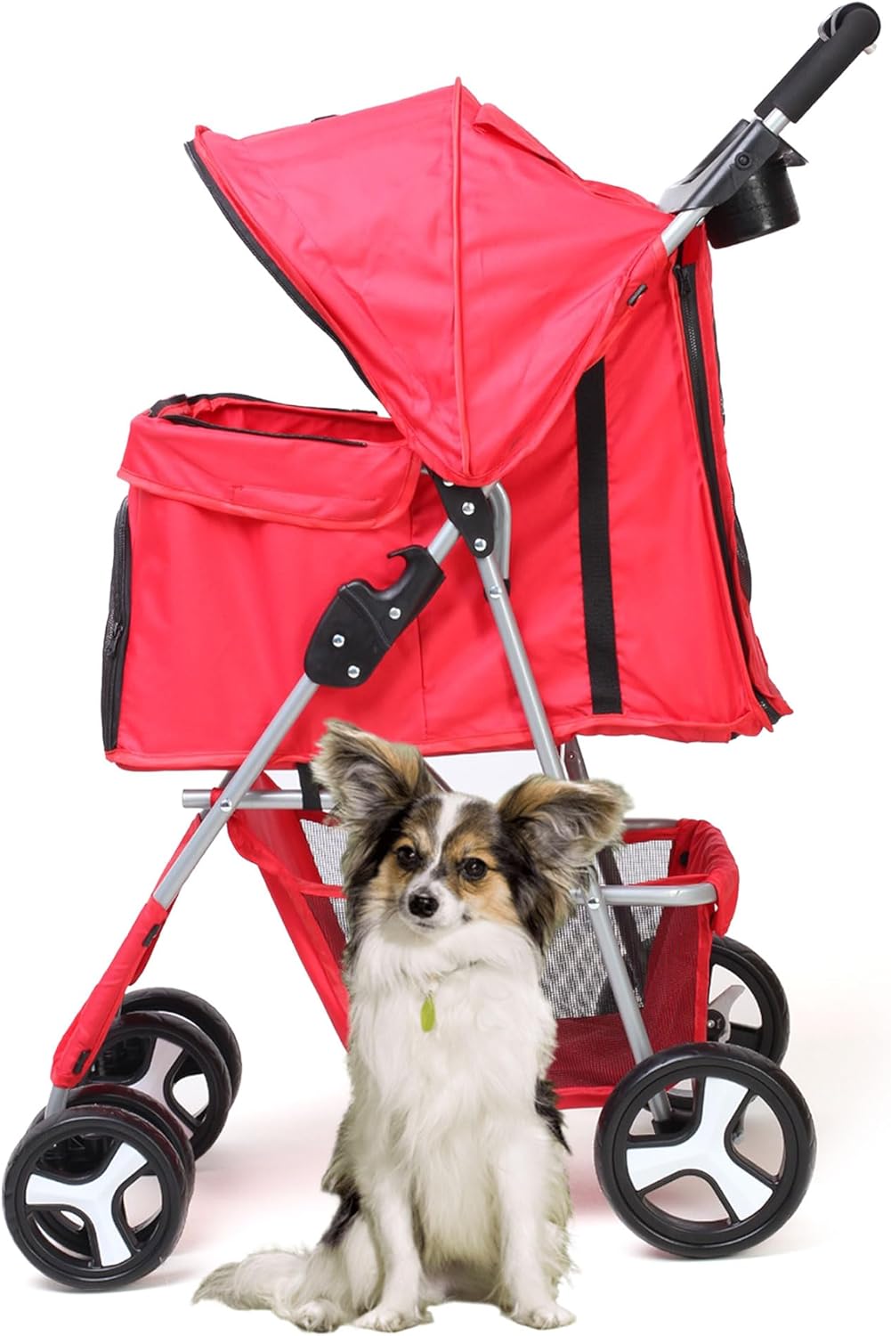 Red Pet Travel Stroller – Foldable Lightweight Buggy with Rain Cover, Cup Holder & Storage Basket for Small & Medium Pets