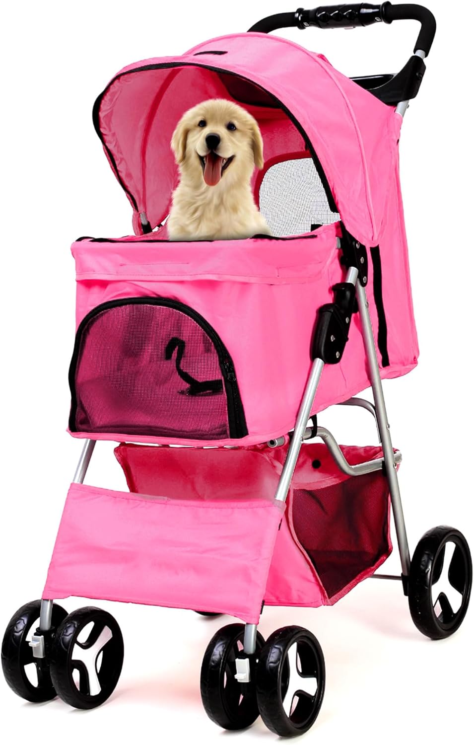 Foldable Pet Stroller with Rain Cover – Compact Buggy for Small & Medium Dogs & Cats with Cup Holder & Storage Basket (Pink)