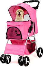 Foldable Pet Stroller with Rain Cover – Compact Buggy for Small & Medium Dogs & Cats with Cup Holder & Storage Basket (Pink)