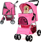 Foldable Pet Stroller with Rain Cover – Compact Buggy for Small & Medium Dogs & Cats with Cup Holder & Storage Basket (Pink)