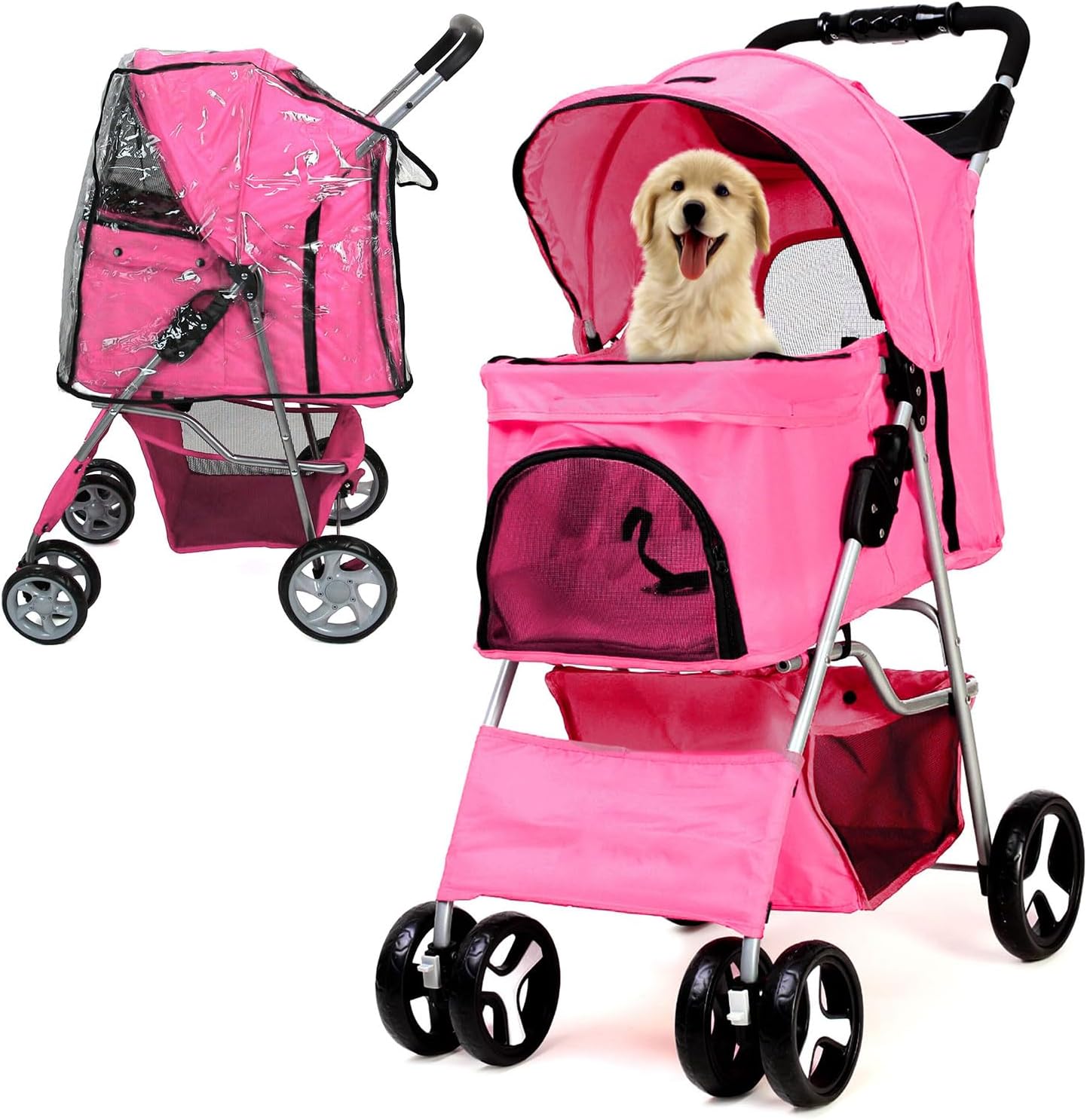 Foldable Pet Stroller with Rain Cover – Compact Buggy for Small & Medium Dogs & Cats with Cup Holder & Storage Basket (Pink)