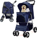 Foldable Pet Stroller with Rain Cover – Compact Buggy for Small & Medium Dogs & Cats with Cup Holder & Storage Basket (Navy)