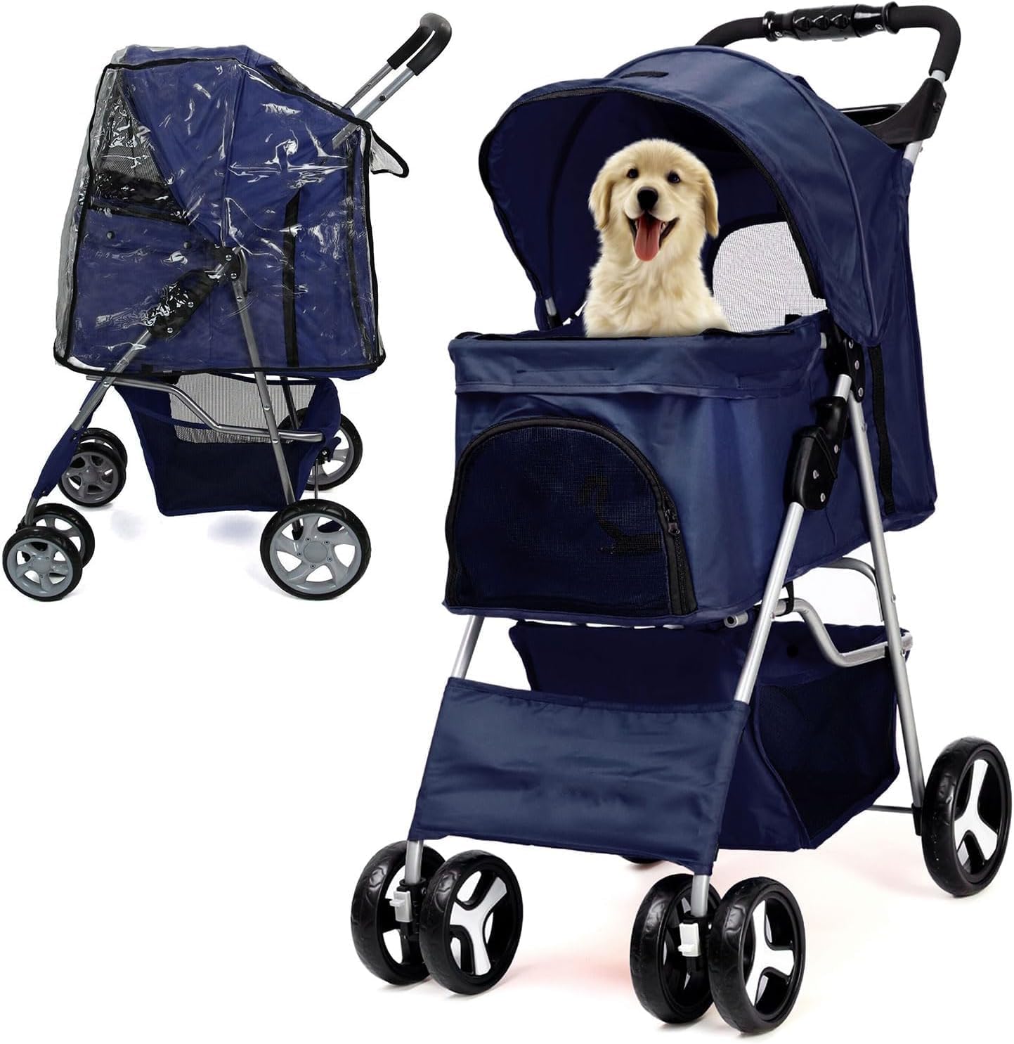 Foldable Pet Stroller with Rain Cover – Compact Buggy for Small & Medium Dogs & Cats with Cup Holder & Storage Basket (Navy)