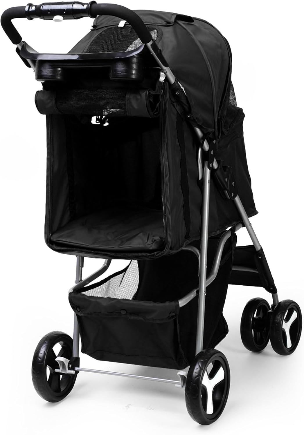 Foldable Pet Stroller with Rain Cover – Compact Buggy for Small & Medium Dogs & Cats with Cup Holder & Storage Basket (Black)