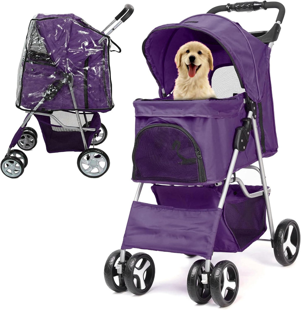 Foldable Pet Stroller with Rain Cover – Compact Buggy for Small & Medium Dogs & Cats with Cup Holder & Storage Basket (Purple)