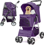 Foldable Pet Stroller with Rain Cover – Compact Buggy for Small & Medium Dogs & Cats with Cup Holder & Storage Basket (Purple)