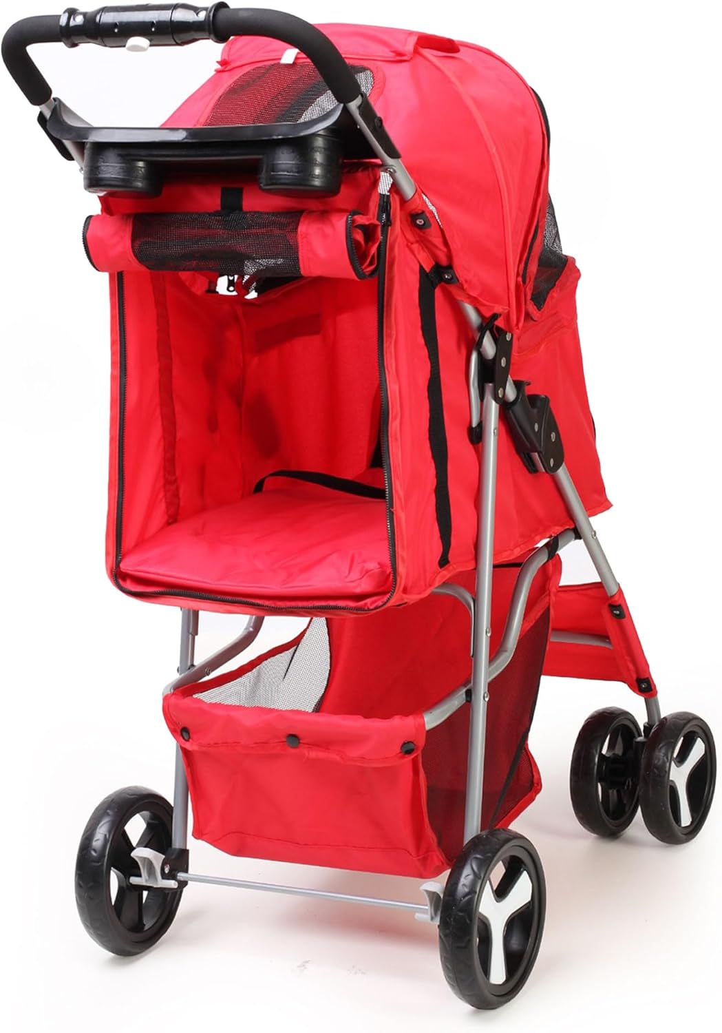 Red Pet Travel Stroller – Foldable Lightweight Buggy with Rain Cover, Cup Holder & Storage Basket for Small & Medium Pets