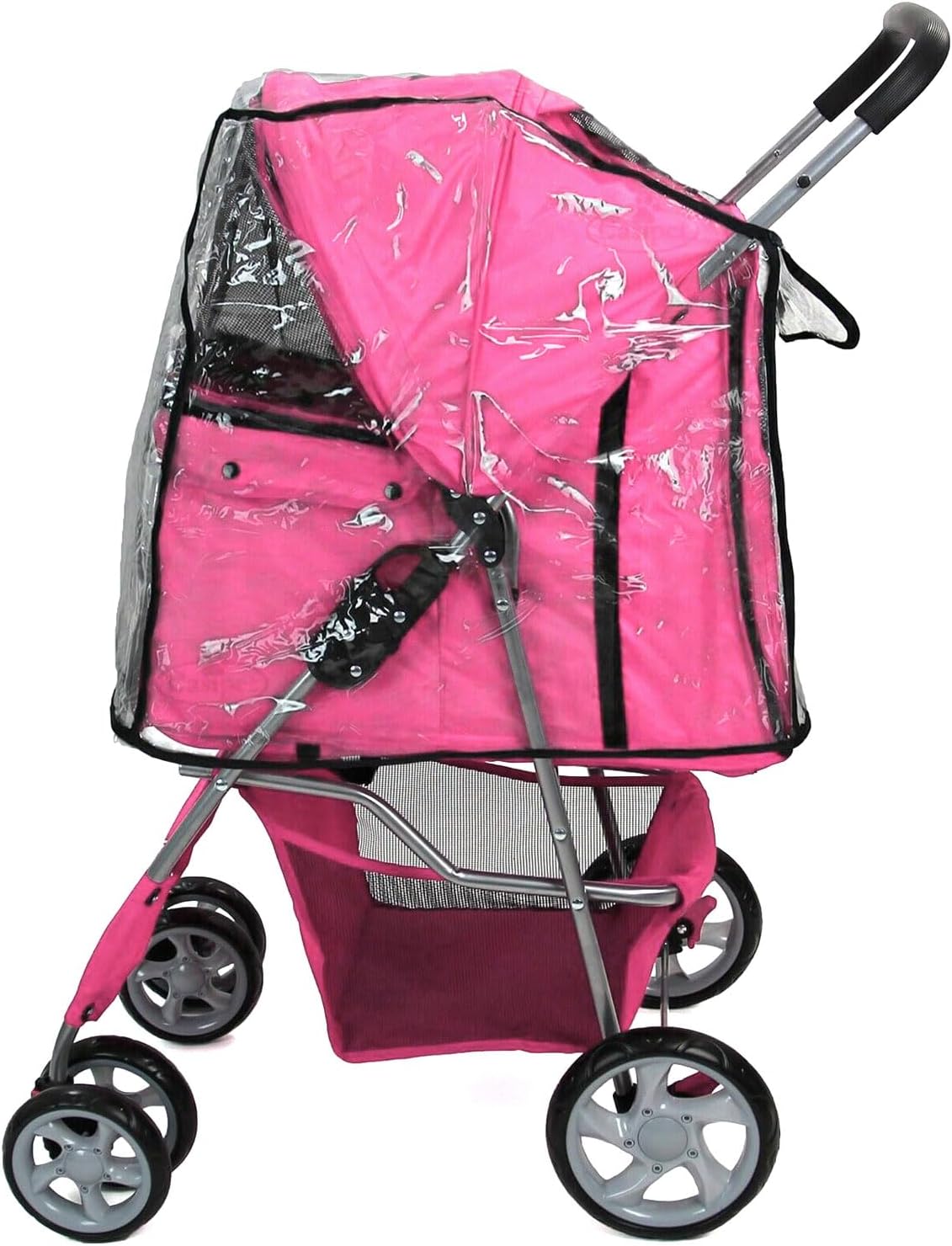 Foldable Pet Stroller with Rain Cover – Compact Buggy for Small & Medium Dogs & Cats with Cup Holder & Storage Basket (Pink)