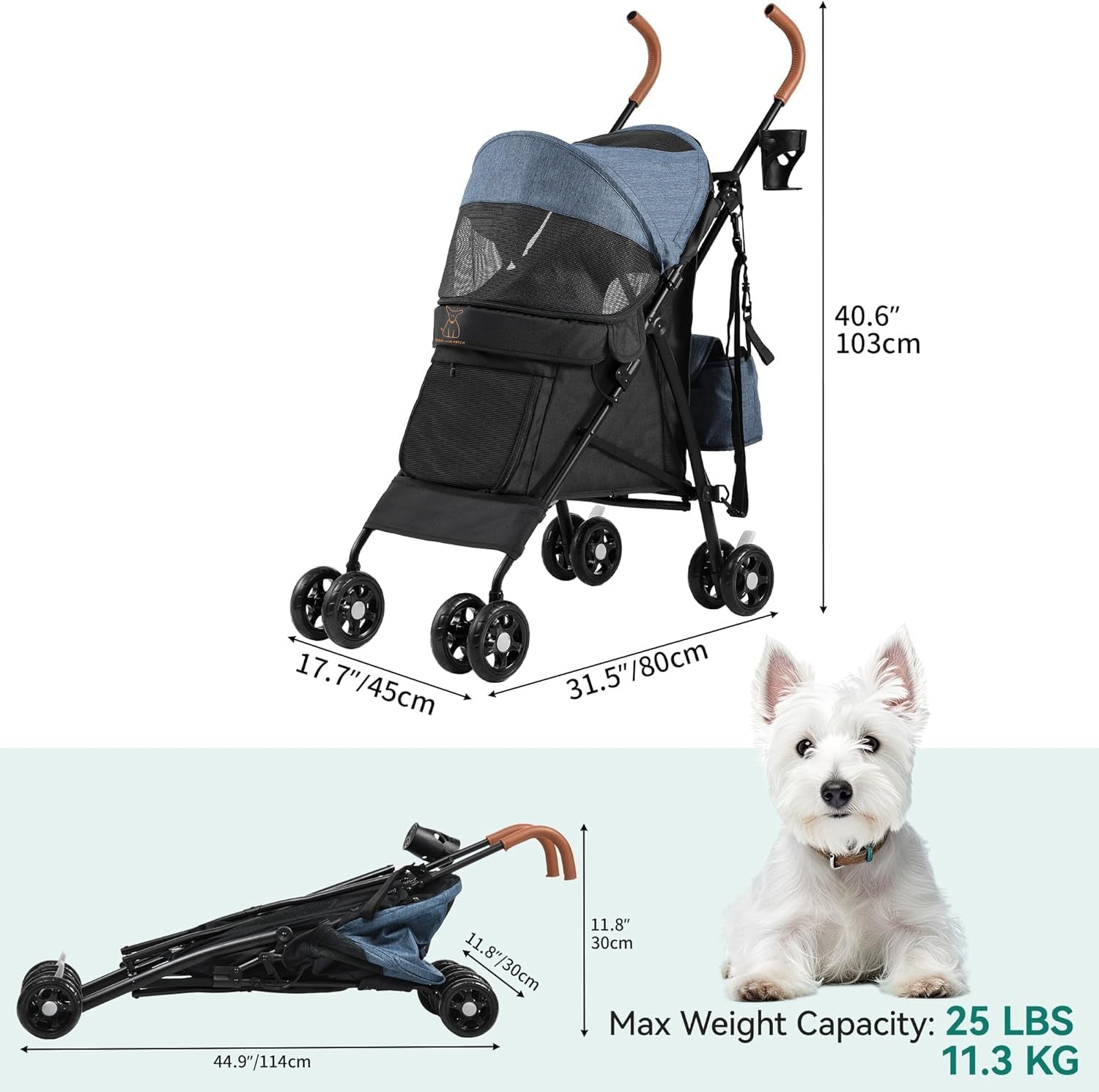 Palster Explorer All-Terrain Dog Stroller – Foldable Suspension Buggy for Small Dogs & Cats (Black & Harbour Blue)
