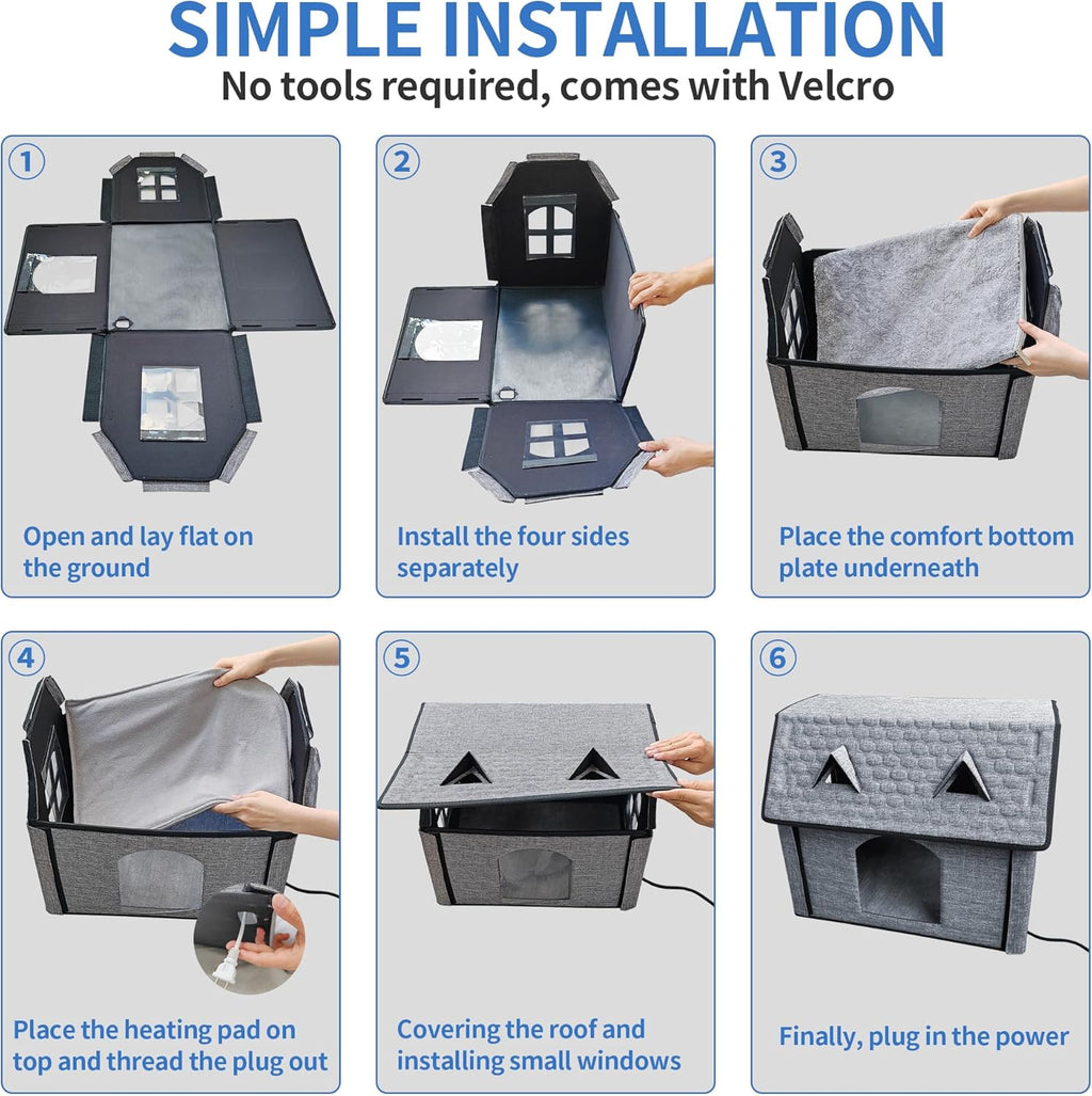 Heated Cat House with Smart Thermostat – Waterproof Foldable Pet Shelter & Heated Pad for Indoor/Outdoor Use
