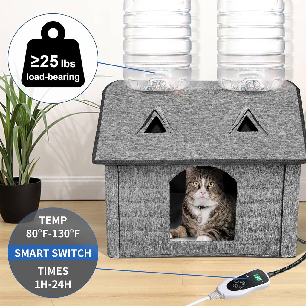 Heated Cat House with Smart Thermostat – Waterproof Foldable Pet Shelter & Heated Pad for Indoor/Outdoor Use