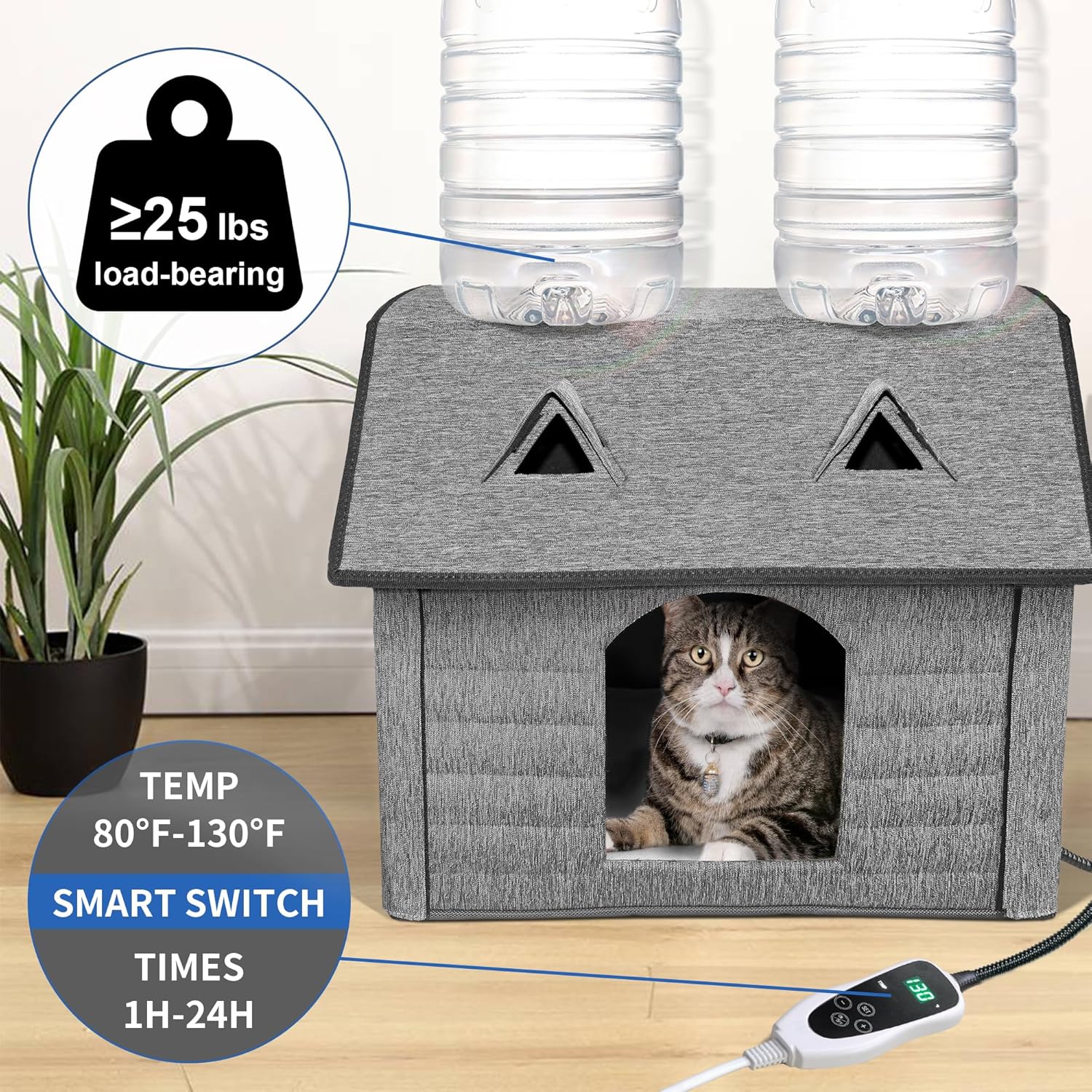 Heated Cat House with Smart Thermostat – Waterproof Foldable Pet Shelter & Heated Pad for Indoor/Outdoor Use