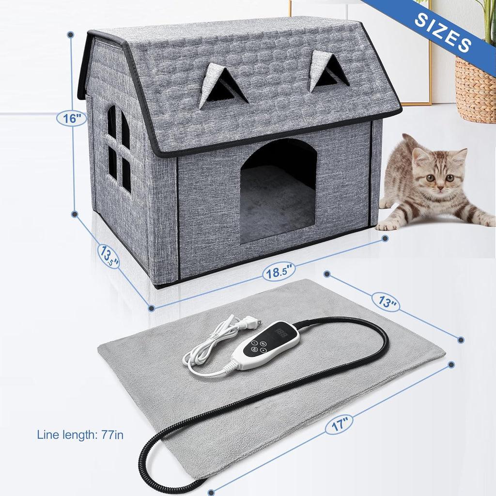 Heated Cat House with Smart Thermostat – Waterproof Foldable Pet Shelter & Heated Pad for Indoor/Outdoor Use