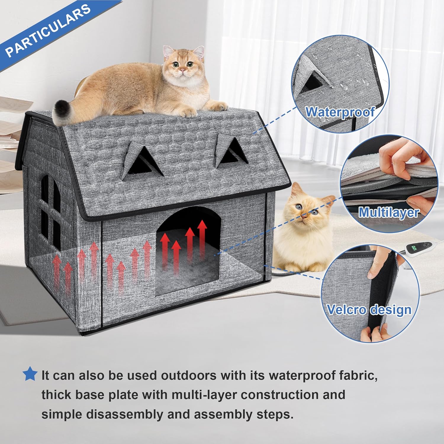 Heated Cat House with Smart Thermostat – Waterproof Foldable Pet Shelter & Heated Pad for Indoor/Outdoor Use